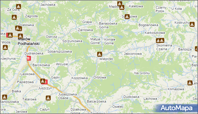 mapa Wieprzec gmina Maków Podhalański, Wieprzec gmina Maków Podhalański na mapie Targeo