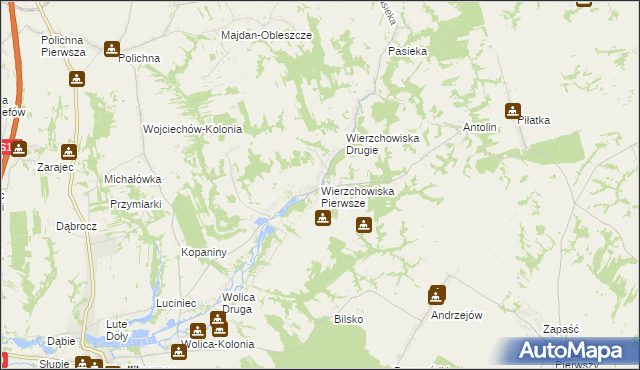 mapa Wierzchowiska Pierwsze gmina Modliborzyce, Wierzchowiska Pierwsze gmina Modliborzyce na mapie Targeo