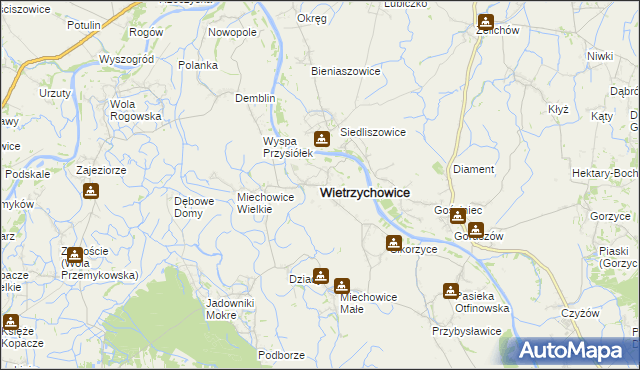 mapa Wietrzychowice powiat tarnowski, Wietrzychowice powiat tarnowski na mapie Targeo