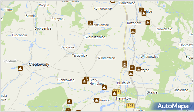 mapa Wilamowice gmina Ciepłowody, Wilamowice gmina Ciepłowody na mapie Targeo
