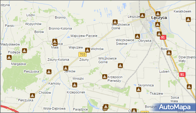 mapa Wilczkowice Górne gmina Łęczyca, Wilczkowice Górne gmina Łęczyca na mapie Targeo