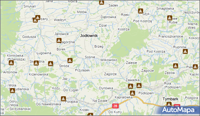 mapa Wilkowisko gmina Jodłownik, Wilkowisko gmina Jodłownik na mapie Targeo