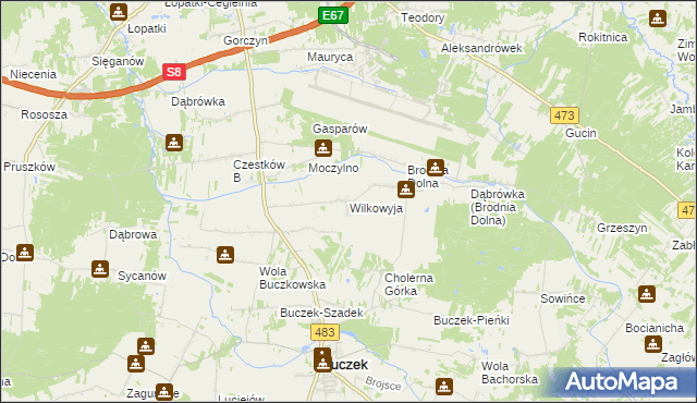 mapa Wilkowyja gmina Buczek, Wilkowyja gmina Buczek na mapie Targeo