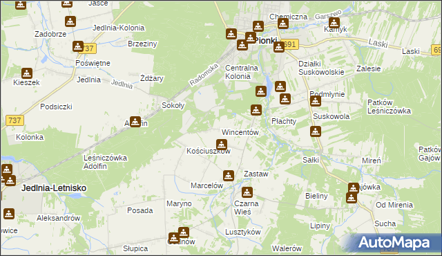 mapa Wincentów gmina Pionki, Wincentów gmina Pionki na mapie Targeo