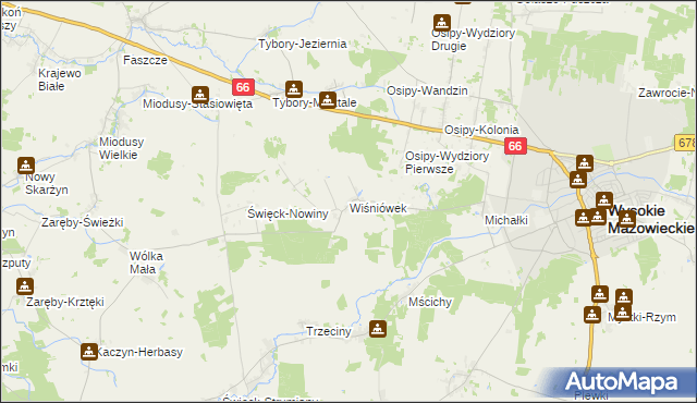 mapa Wiśniówek gmina Wysokie Mazowieckie, Wiśniówek gmina Wysokie Mazowieckie na mapie Targeo