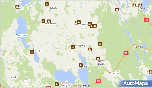 mapa Witowo gmina Jedwabno, Witowo gmina Jedwabno na mapie Targeo