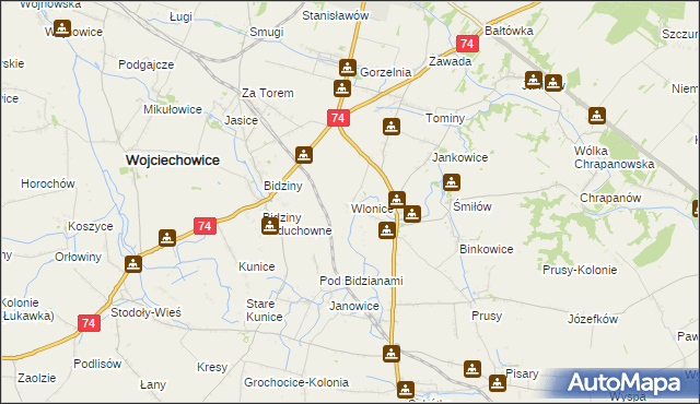 mapa Wlonice gmina Wojciechowice, Wlonice gmina Wojciechowice na mapie Targeo