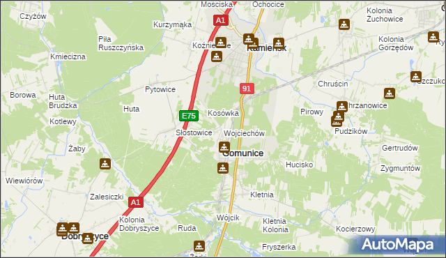 mapa Wojciechów gmina Gomunice, Wojciechów gmina Gomunice na mapie Targeo