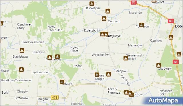 mapa Wojciechów gmina Kawęczyn, Wojciechów gmina Kawęczyn na mapie Targeo
