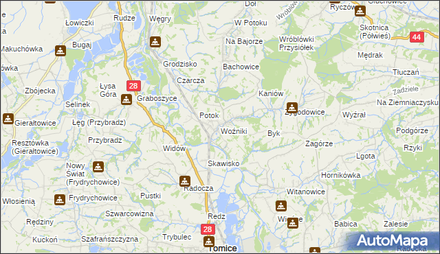 mapa Woźniki gmina Tomice, Woźniki gmina Tomice na mapie Targeo