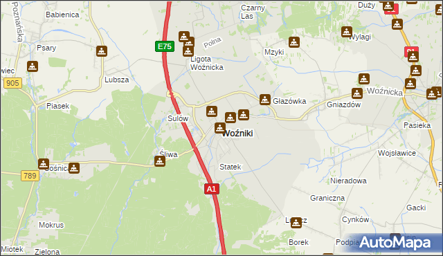 mapa Woźniki powiat lubliniecki, Woźniki powiat lubliniecki na mapie Targeo