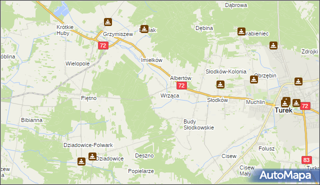 mapa Wrząca gmina Turek, Wrząca gmina Turek na mapie Targeo