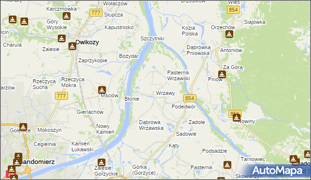 mapa Wrzawy gmina Gorzyce, Wrzawy gmina Gorzyce na mapie Targeo