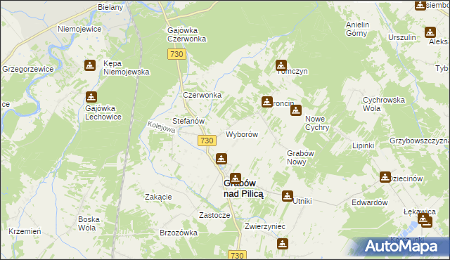 mapa Wyborów gmina Grabów nad Pilicą, Wyborów gmina Grabów nad Pilicą na mapie Targeo