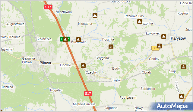 mapa Wygoda gmina Pilawa, Wygoda gmina Pilawa na mapie Targeo