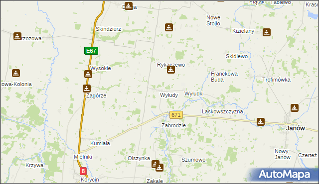 mapa Wyłudy gmina Korycin, Wyłudy gmina Korycin na mapie Targeo