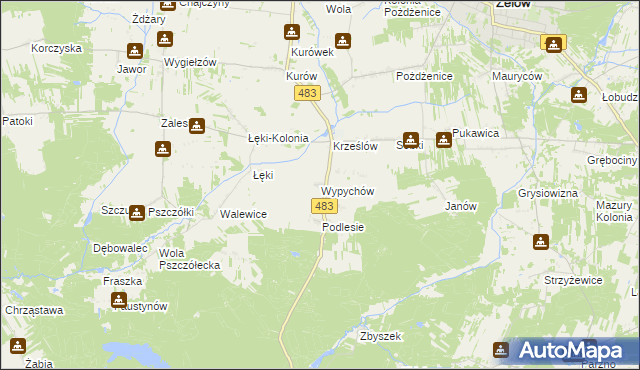 mapa Wypychów gmina Zelów, Wypychów gmina Zelów na mapie Targeo