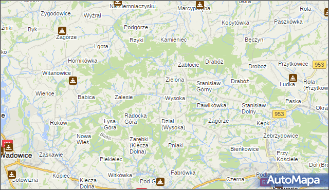 mapa Wysoka gmina Wadowice, Wysoka gmina Wadowice na mapie Targeo