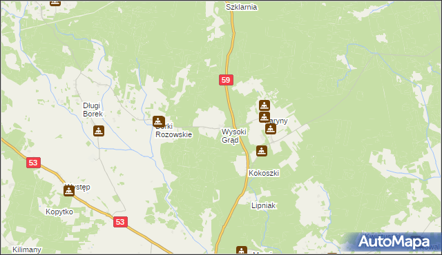 mapa Wysoki Grąd gmina Rozogi, Wysoki Grąd gmina Rozogi na mapie Targeo