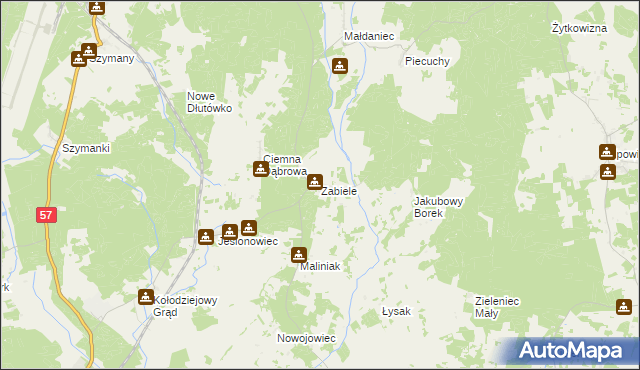 mapa Zabiele gmina Wielbark, Zabiele gmina Wielbark na mapie Targeo