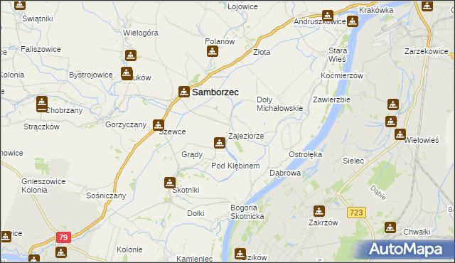 mapa Zajeziorze gmina Samborzec, Zajeziorze gmina Samborzec na mapie Targeo