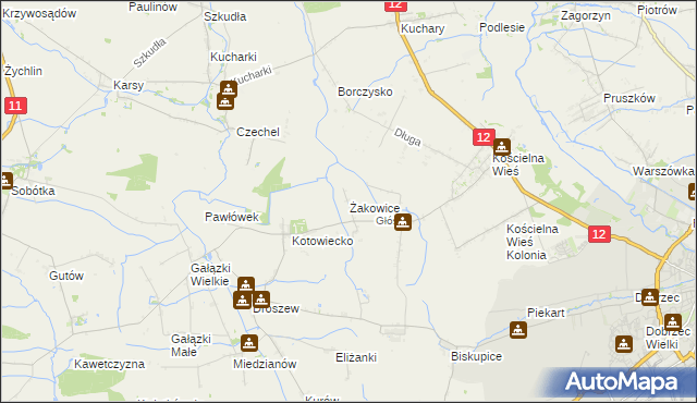 mapa Żakowice gmina Nowe Skalmierzyce, Żakowice gmina Nowe Skalmierzyce na mapie Targeo