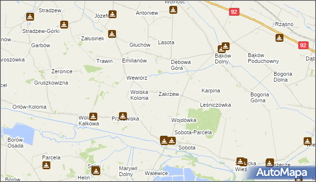 mapa Zakrzew gmina Bielawy, Zakrzew gmina Bielawy na mapie Targeo
