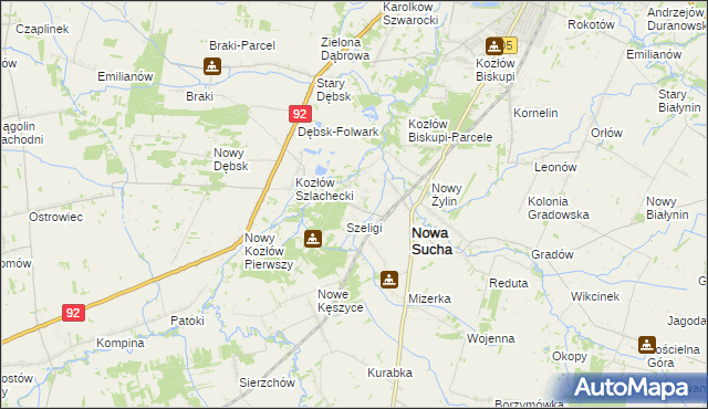 mapa Zakrzew gmina Nowa Sucha, Zakrzew gmina Nowa Sucha na mapie Targeo