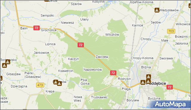 mapa Zakrzew gmina Poddębice, Zakrzew gmina Poddębice na mapie Targeo