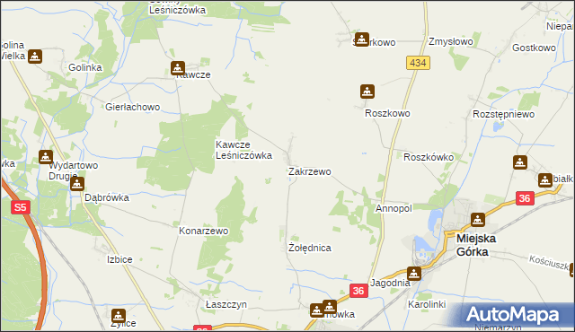 mapa Zakrzewo gmina Miejska Górka, Zakrzewo gmina Miejska Górka na mapie Targeo