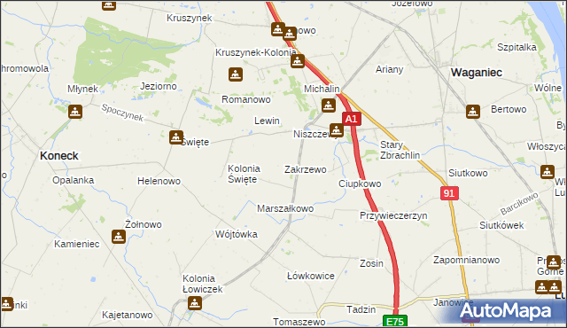 mapa Zakrzewo gmina Waganiec, Zakrzewo gmina Waganiec na mapie Targeo