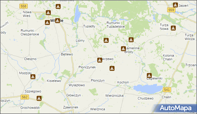 mapa Zakrzewo gmina Wielgie, Zakrzewo gmina Wielgie na mapie Targeo