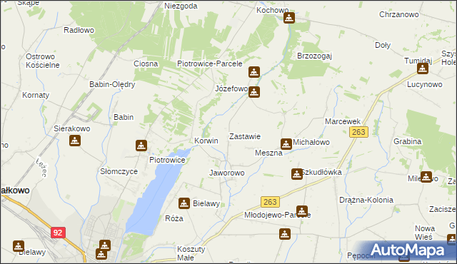 mapa Zastawie gmina Słupca, Zastawie gmina Słupca na mapie Targeo