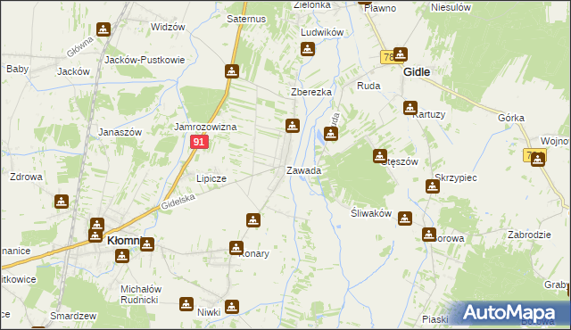 mapa Zawada gmina Kłomnice, Zawada gmina Kłomnice na mapie Targeo
