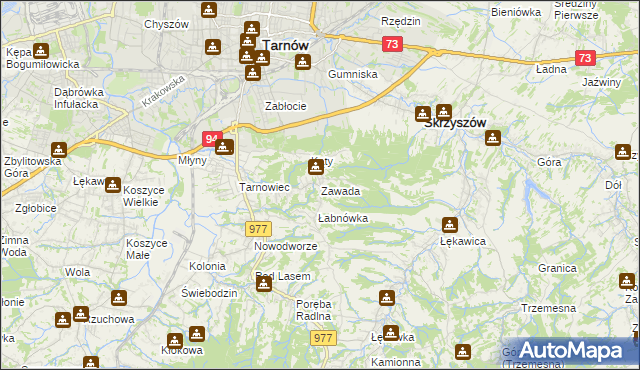 mapa Zawada gmina Tarnów, Zawada gmina Tarnów na mapie Targeo