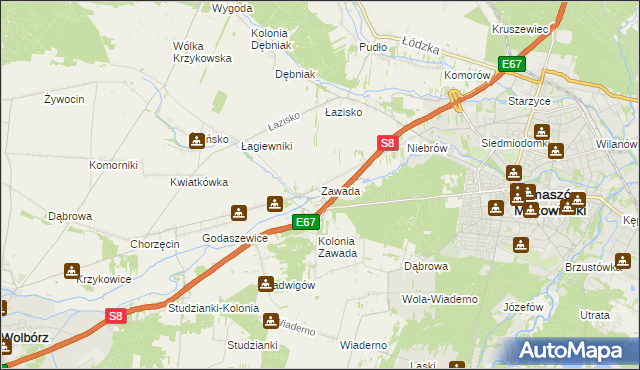 mapa Zawada gmina Tomaszów Mazowiecki, Zawada gmina Tomaszów Mazowiecki na mapie Targeo