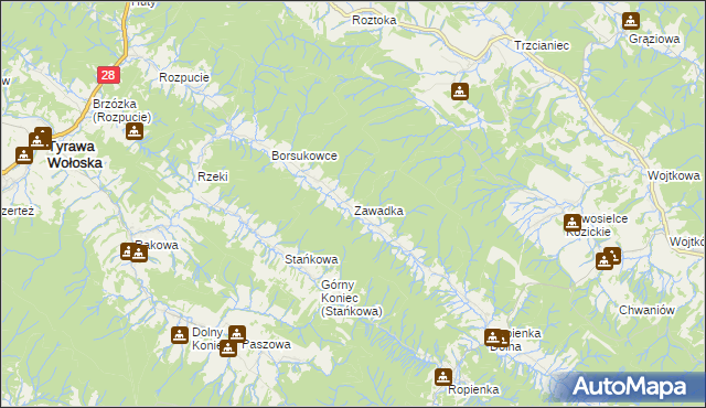mapa Zawadka gmina Ustrzyki Dolne, Zawadka gmina Ustrzyki Dolne na mapie Targeo