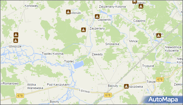 mapa Zawady gmina Turośń Kościelna, Zawady gmina Turośń Kościelna na mapie Targeo