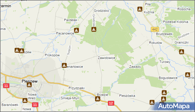 mapa Zawidowice gmina Pleszew, Zawidowice gmina Pleszew na mapie Targeo