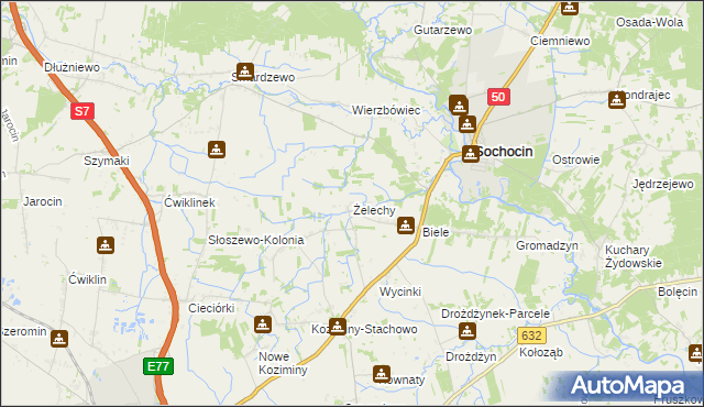 mapa Żelechy gmina Sochocin, Żelechy gmina Sochocin na mapie Targeo