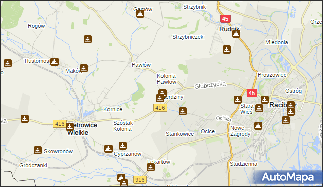 mapa Żerdziny gmina Pietrowice Wielkie, Żerdziny gmina Pietrowice Wielkie na mapie Targeo