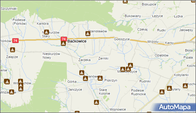 mapa Żerniki gmina Baćkowice, Żerniki gmina Baćkowice na mapie Targeo