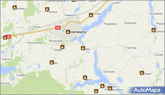 mapa Zieleń gmina Trzemeszno, Zieleń gmina Trzemeszno na mapie Targeo