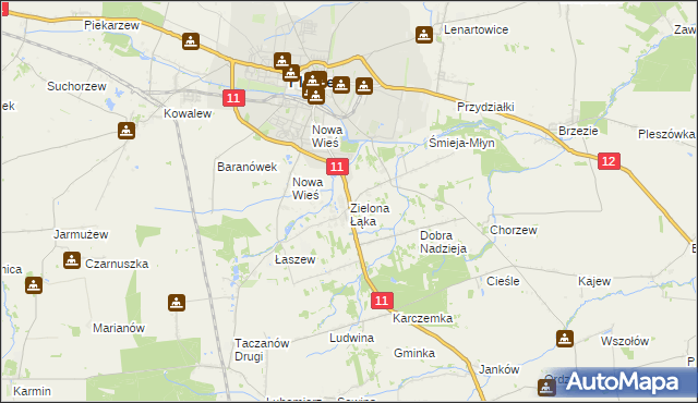 mapa Zielona Łąka gmina Pleszew, Zielona Łąka gmina Pleszew na mapie Targeo