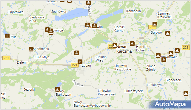 mapa Zielona Wieś gmina Nowa Karczma, Zielona Wieś gmina Nowa Karczma na mapie Targeo