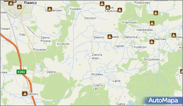 mapa Zielona Wieś gmina Rawicz, Zielona Wieś gmina Rawicz na mapie Targeo