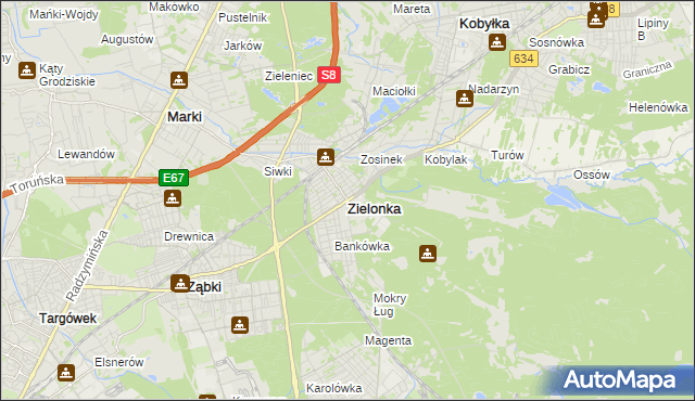 mapa Zielonka powiat wołomiński, Zielonka powiat wołomiński na mapie Targeo