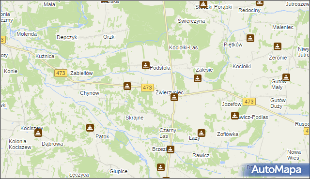 mapa Zwierzyniec gmina Drużbice, Zwierzyniec gmina Drużbice na mapie Targeo