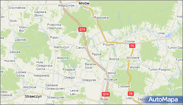 mapa Pępice gmina Mniów, Pępice gmina Mniów na mapie Targeo
