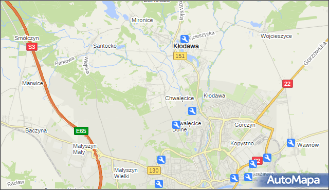 mapa Chwalęcice gmina Kłodawa, Chwalęcice gmina Kłodawa na mapie Targeo